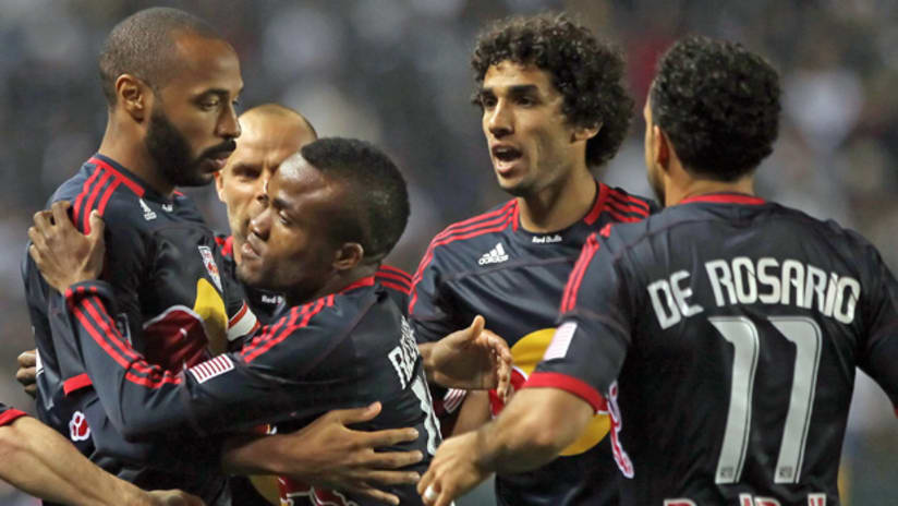 New York's Thierry Henry (left) is congratulated by his teammates after scoring against the LA Galaxy on Saturday night.