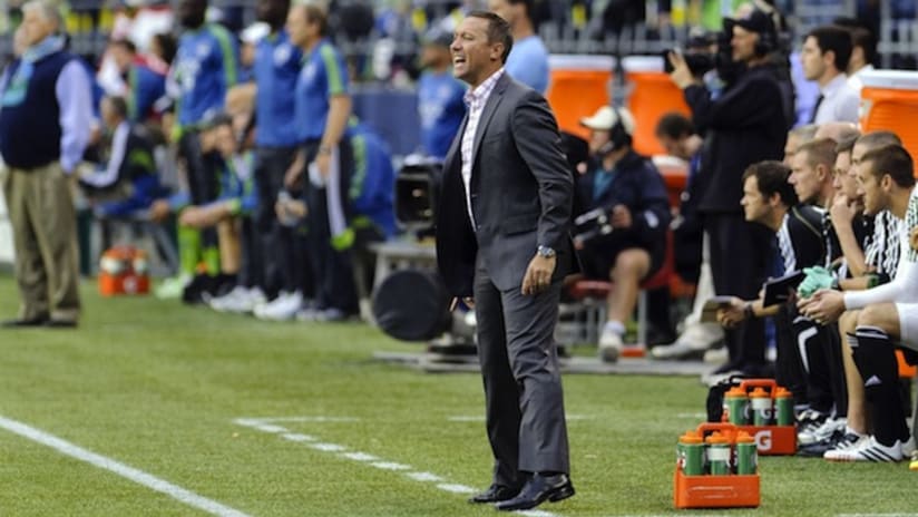 Caleb Porter gets animated in the Sounders-Timbers match
