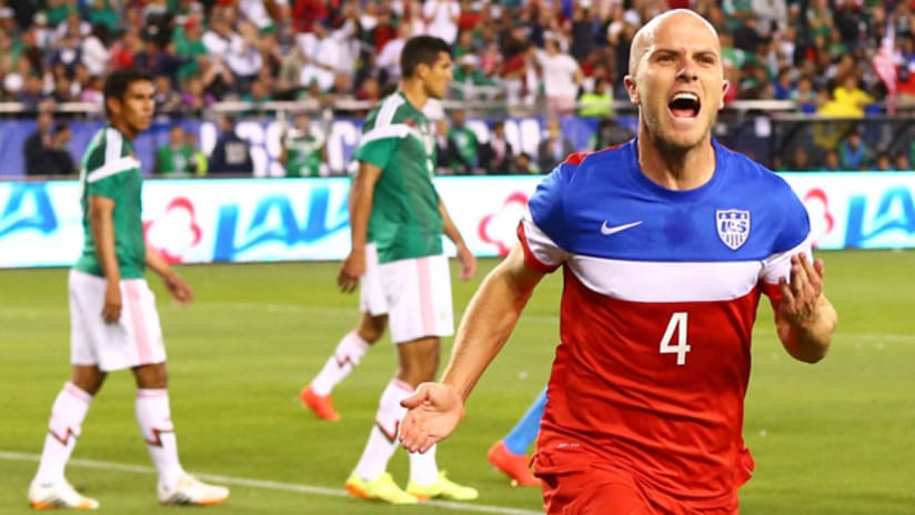 Michael Bradley celebrates a goal for the USMNT against Mexico in their April 2014 friendly