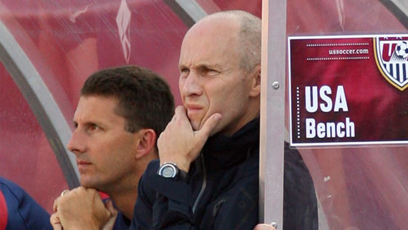 US national team coach Bob Bradley looks on during the Americans' 4-0 loss to Spain on Saturday.
