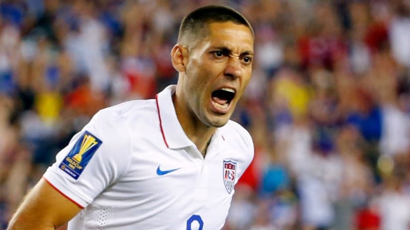 Clint Dempsey (USMNT) howls in delight after scoring a goal, 2015 Gold Cup