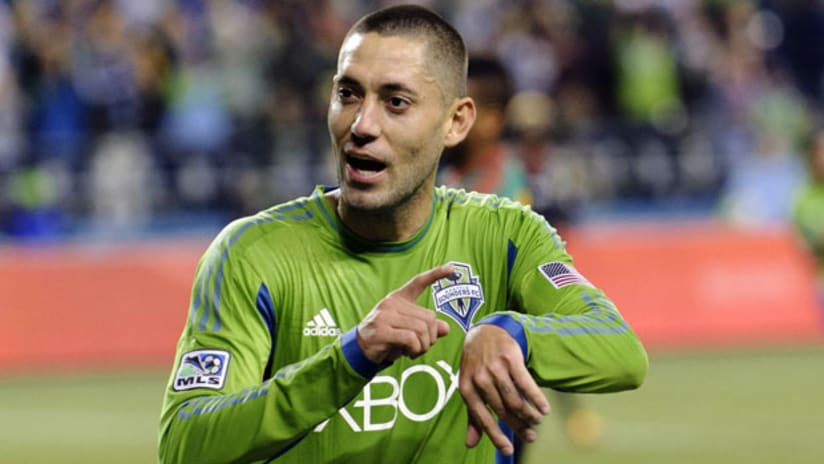 Clint Dempsey celebrates his first goal for Seattle