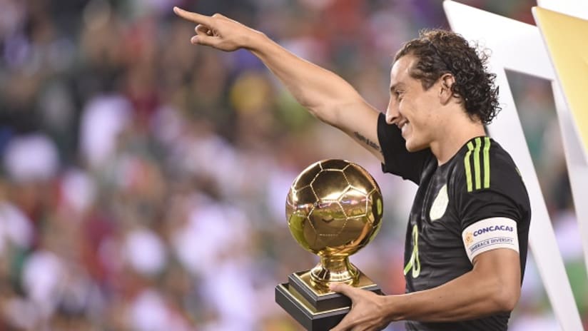 Andres Guardado lifts the Golden Ball at the 2015 Gold Cup