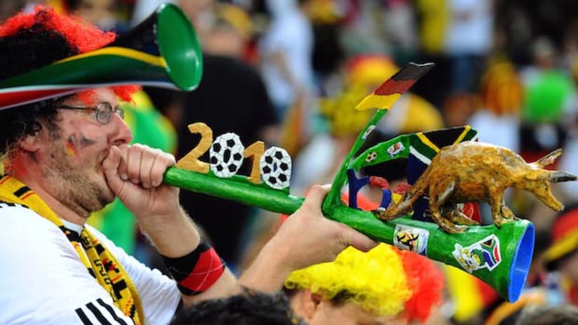 Fan blows vuvuzela at 2010 World Cup in South Africa