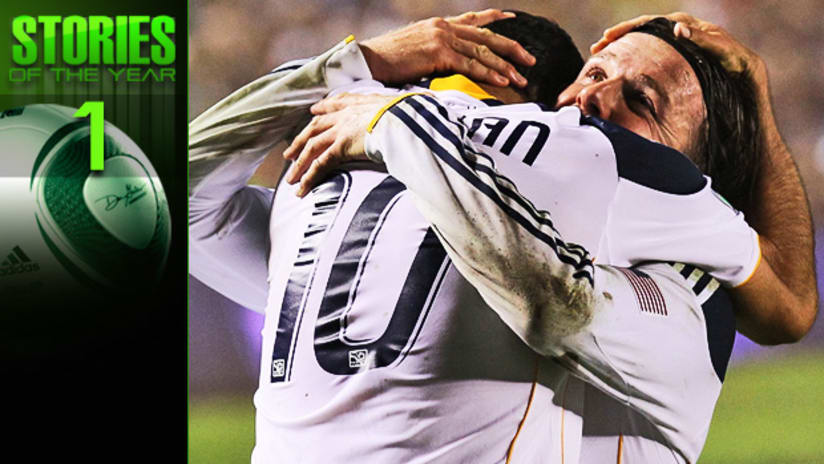 David Beckham and Landon Donovan celebrate the Galaxy's game-winning goal in the MLS Cup.