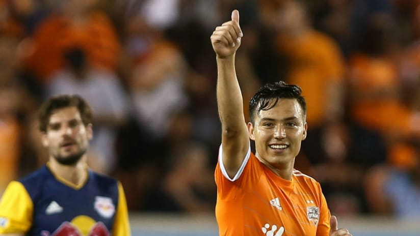 Erick 'Cubo' Torres - Houston Dynamo - celebrates a goal with a thumbs up