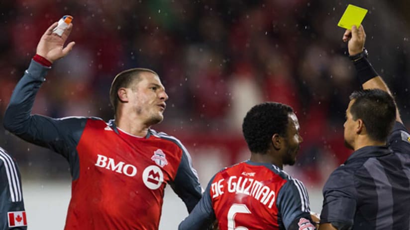 Toronto's Danny Koevermans reacts to being issued a yellow card on Wednesday night.
