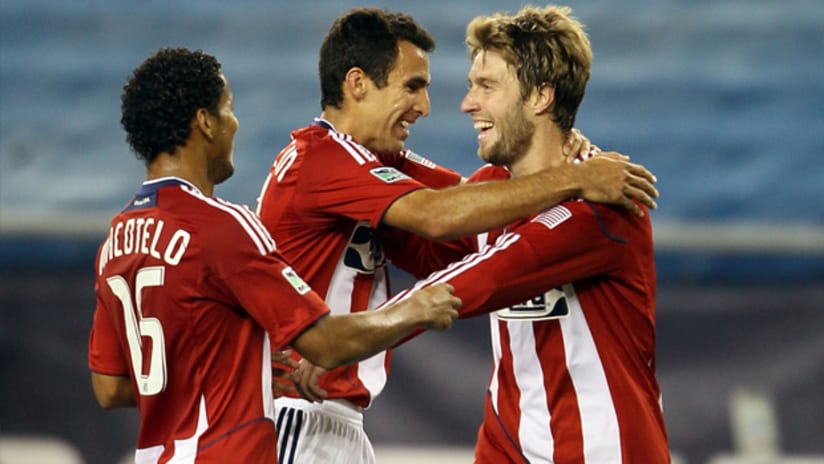 Rookie Blair Gavin, far right, scored his first goal for Chivas USA in the win.