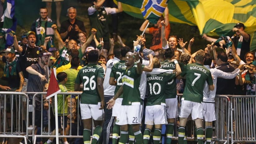 Portland Timbers celebrate with their fans after beating the Seattle Sounders in the 2015 US Open Cup