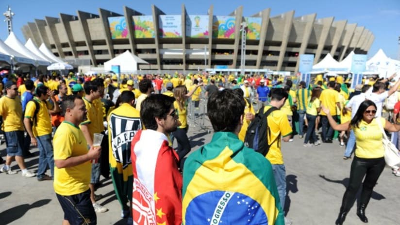 Brazilian fans outside Estadio Mineirao in Belo Horizonte before Round of 16 World Cup game