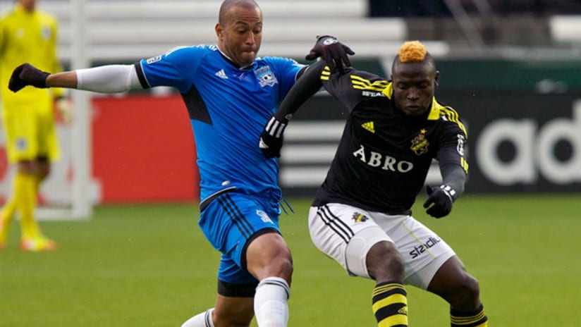 San Jose defender Justin Morrow challenges an AIK player during a 0-0 tie in the Portland Tournament.