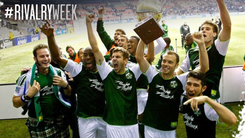Portland Timbers with the Cascadia Cup (Rivalry Week logo)