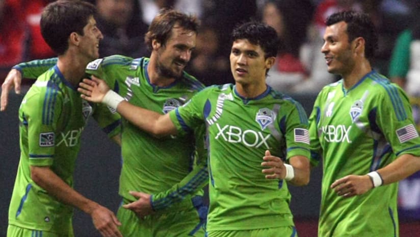 Seattle Sounders celebrate goal, Montero, Fernandez, Levesque
