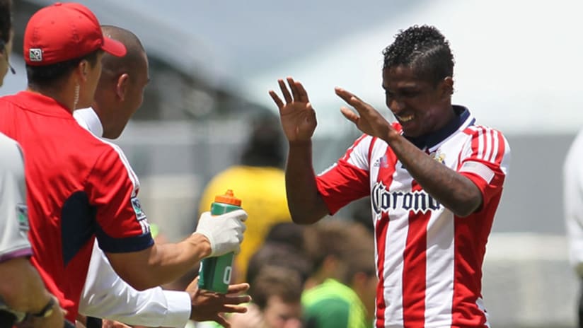 Miller Bolanos of Chivas USA substituted after scoring vs Portland