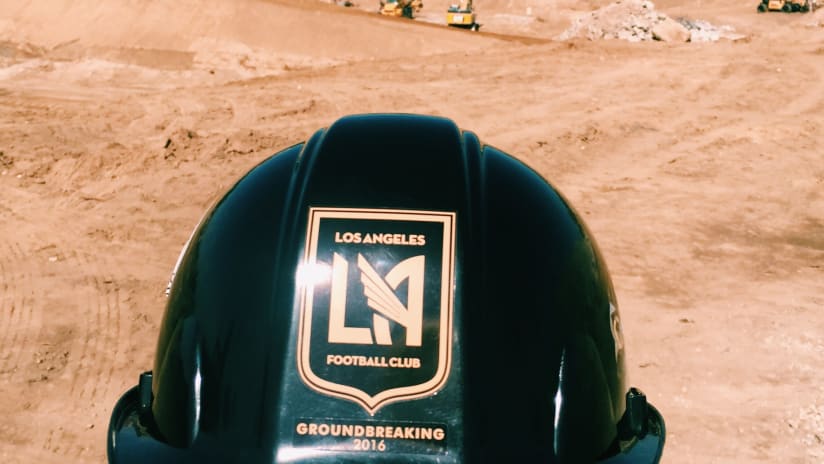 LAFC construction site with hard hat, October 2016