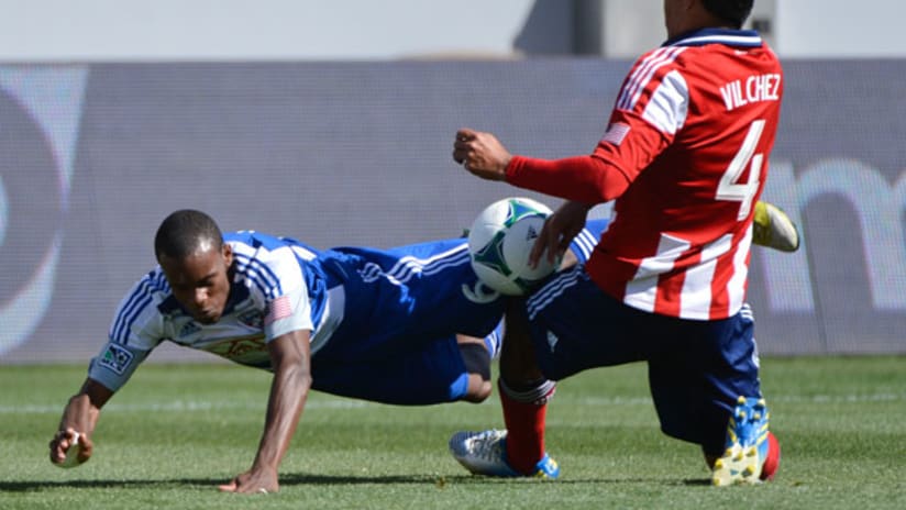 FC Dallas midfielder Jackson takes a spill against Chivas USA