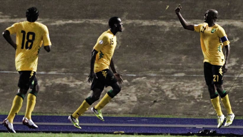 Jamaican team celebrates first goal vs the US