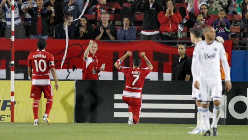 Blas Perez celebrates after his goal vs. Vancouver