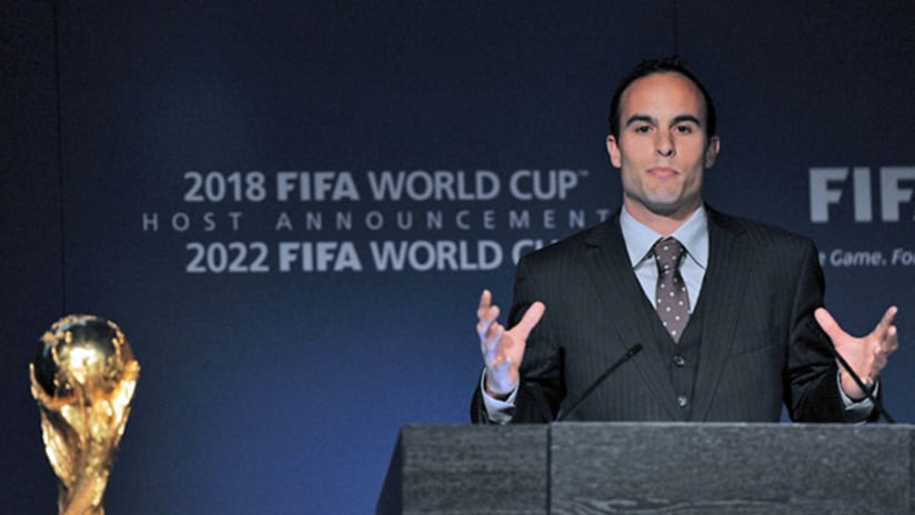 Landon Donovan addresses the audience in Zurich on Wednesday.