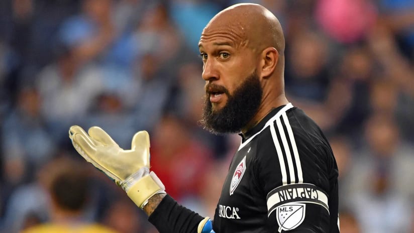 Tim Howard - COL - with questioning look on face - in game v. SKC - 4-9-17
