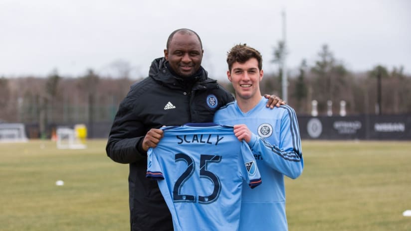 Joe Scally - New York City FC - with Patrick Vieira upon signing Homegrown deal