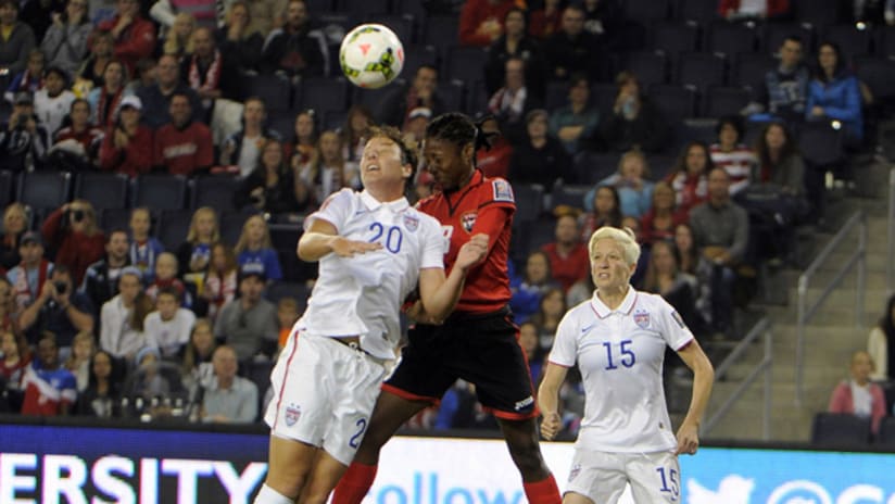 Abby Wambach rises for a header at Sporting Park with Megan Rapinoe in the background