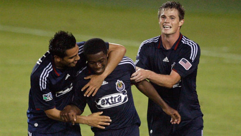 Chivas USA's Michael Lahoud (center) praised the team effort after a win over the Houston Dynamo on Tuesday night.