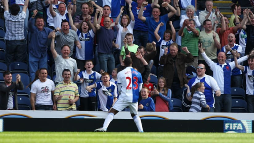 David Hoilett celebrates a goal for Blackburn.