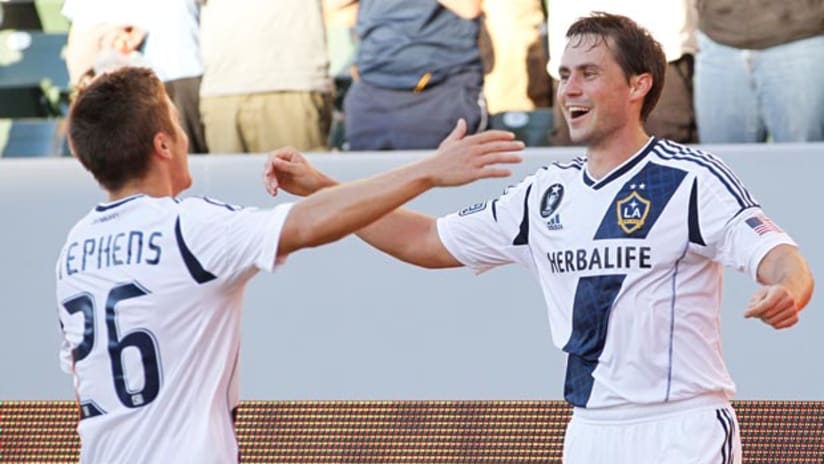 Todd Dunivant celebrates his goal with Michael Stephens