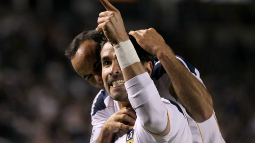 Juan Pablo Ángel celebrates his goal with Landon Donovan.