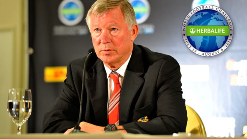 Sir Alex Ferguson talks at a press conference ahead of the Chicago Fire match.
