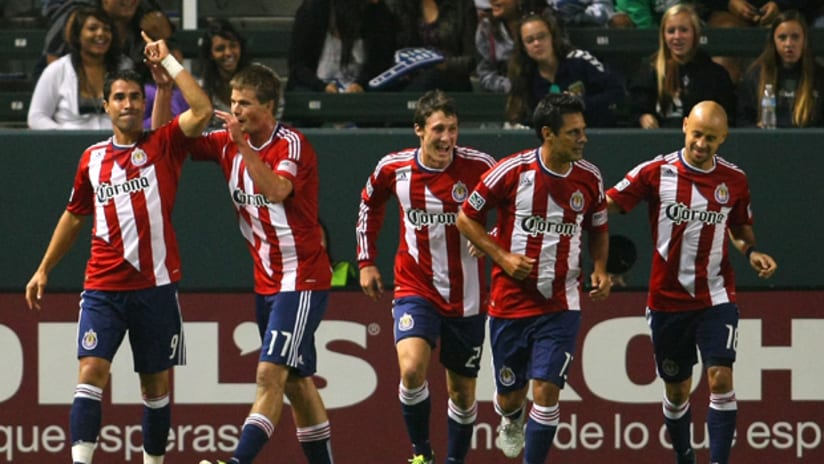 Chivas celebrate a Juan Pablo Angel goal