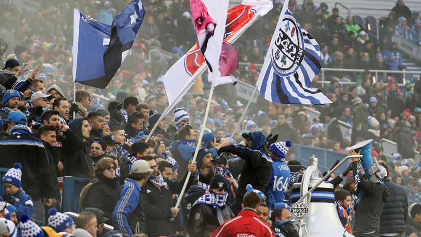 Montreal Impact supporters - with flags, bell - Stade Saputo