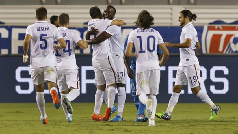 The USMNT celebrate a goal in a friendly vs. Honduras