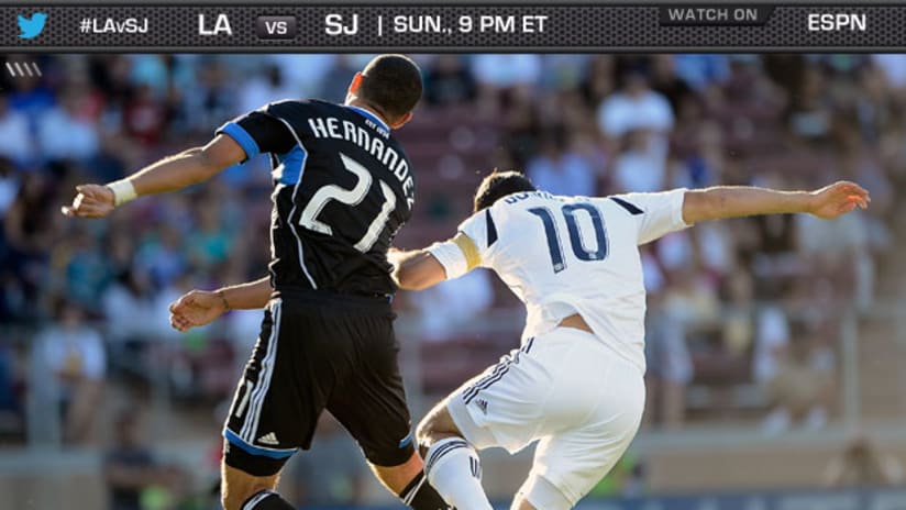 2012 MLS Playoffs: San Jose's Jason Hernandez and LA's Landon Donovan jump for a high ball.