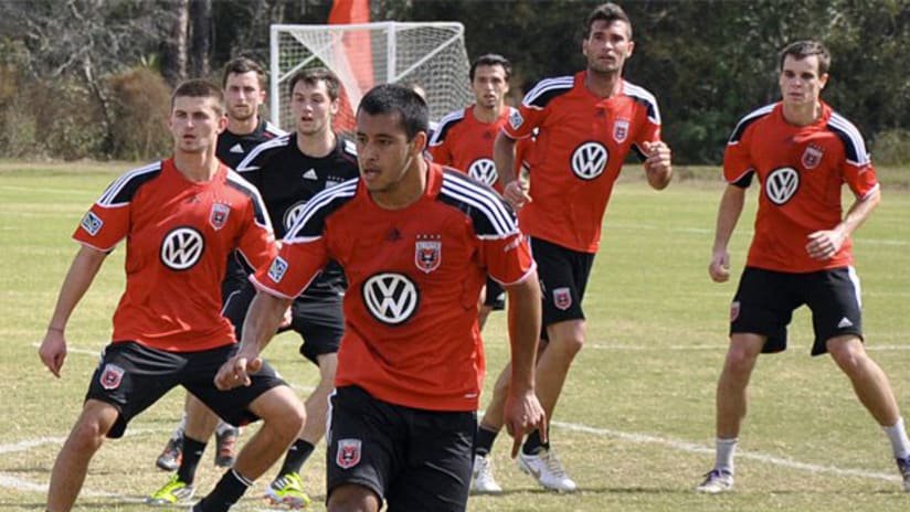 DC United players training, including Emiliano Dudar and Perry Kitchen