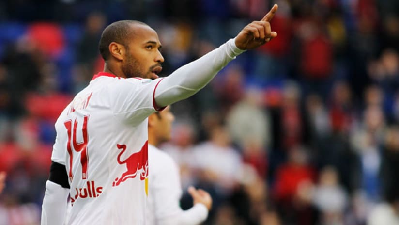Thierry Henry, New York Red Bulls, points to the crowd after win over Montreal Impact.