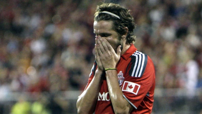Mista holds his head in his hands after missing a favorable opportunity in the second half vs. RSL
