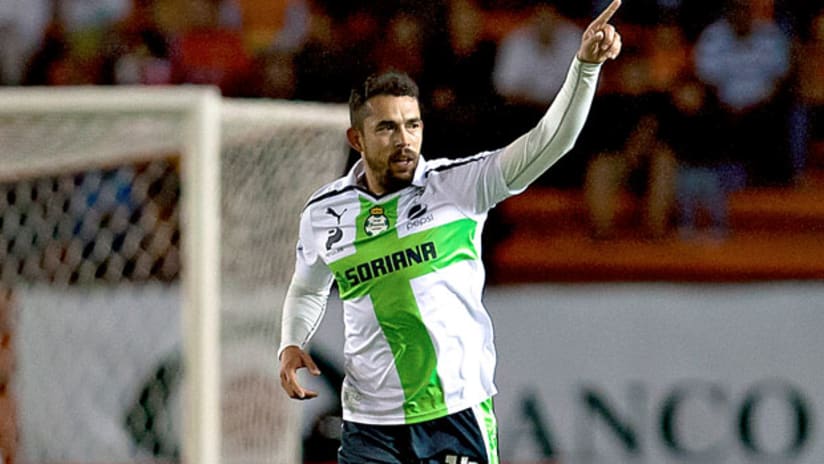 Herculez Gomez celebrates a goal for Santos Laguna