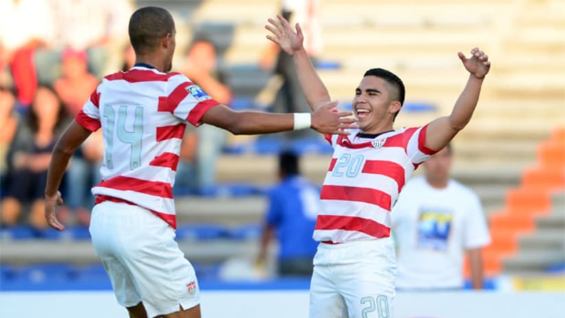 Daniel Cuevas celebrates his goal with US U-20 teammate Javan Torre