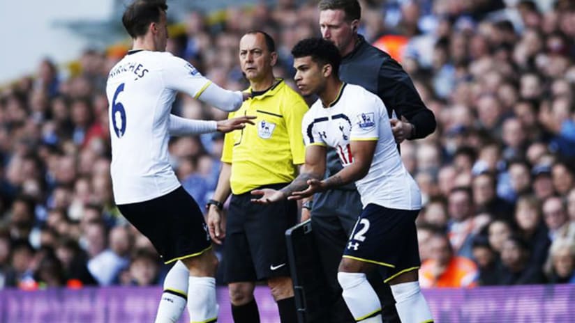 DeAndre Yedlin subs in for his debut for Tottenham Hotspur, April 11, 2015.