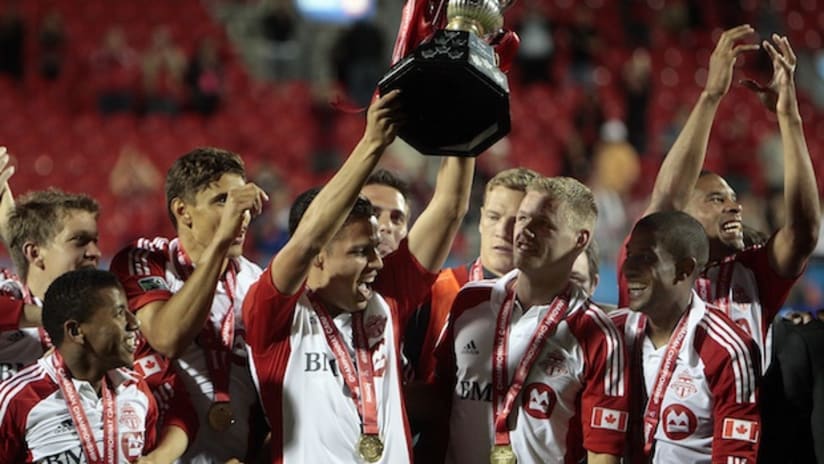 toronto fc celebrate their voyageurs cup win