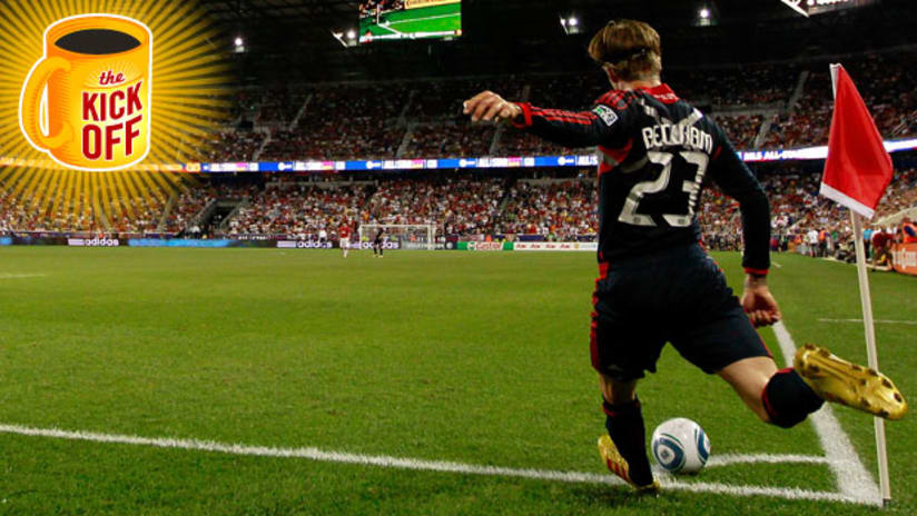 Kick Off: David Beckham strikes a corner kick in the MLS All-Star Game.