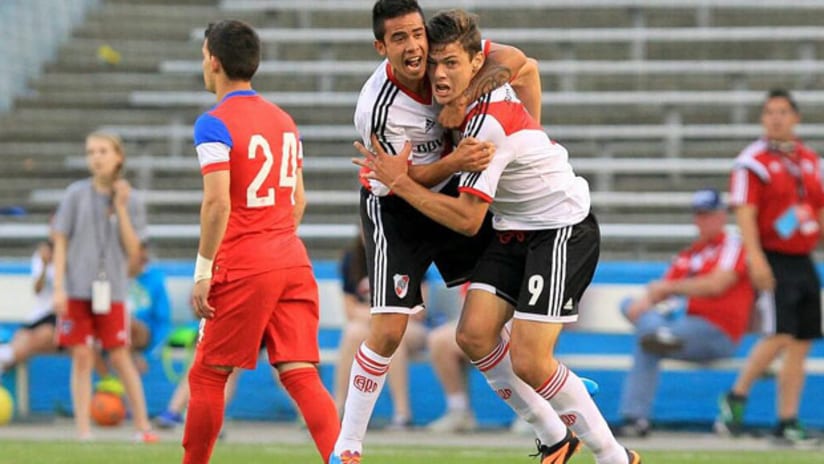 River Plate celebrate a goal against the US U-20s at Dallas Cup.