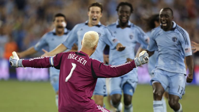 Sporting KC players celebrate with Jimmy Nielsen