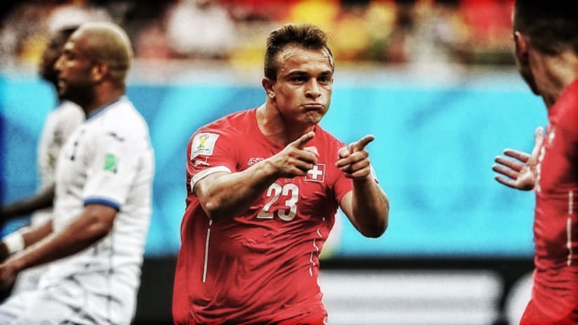 Xherdan Shaqiri of Switzerland celebrates after scoring against Honduras in the 2014 World Cup