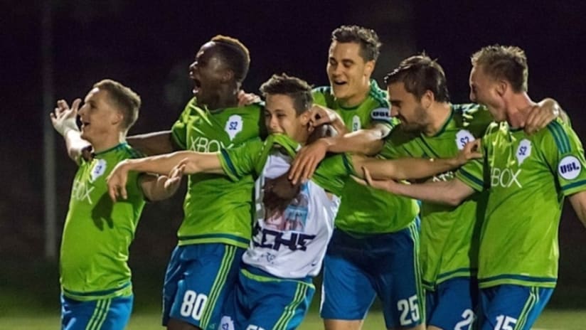 Seattle Sounders 2 celebrate Pablo Rossi free kick goal in first USL game