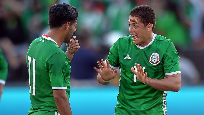 Carlos Vela and Javier Chicharito Hernandez laughing for Mexico