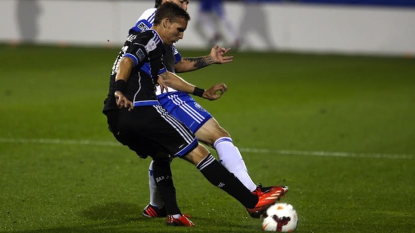 Sam Garza takes a shot in the Earthquakes' CCL loss to Montreal