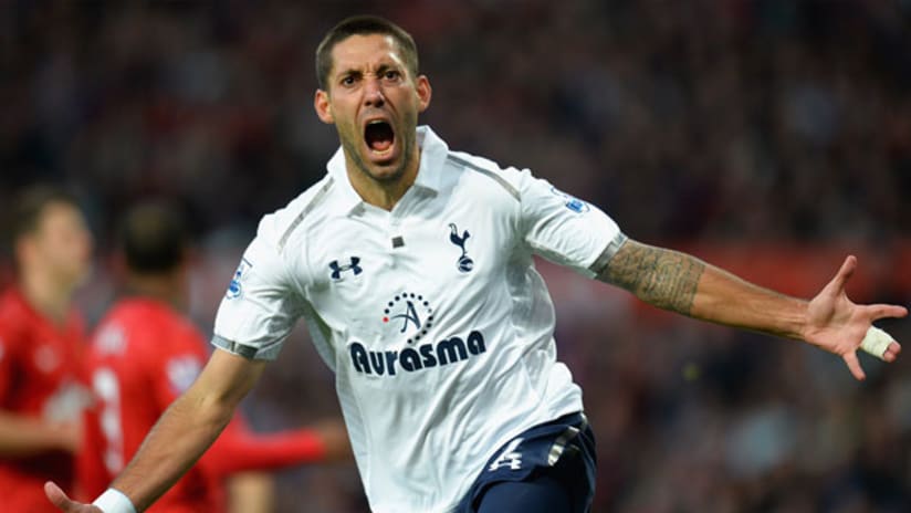 Clint Dempsey reacts to scoring his first goal for Tottenham